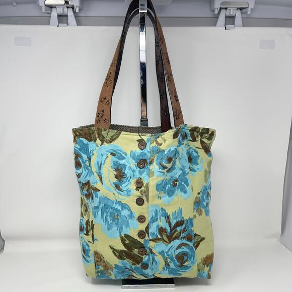 Y2K Handmade Reversible Tote Bag Brown Tweed Blue Flowers Buttons Leather Belt - Picture 2 of 14